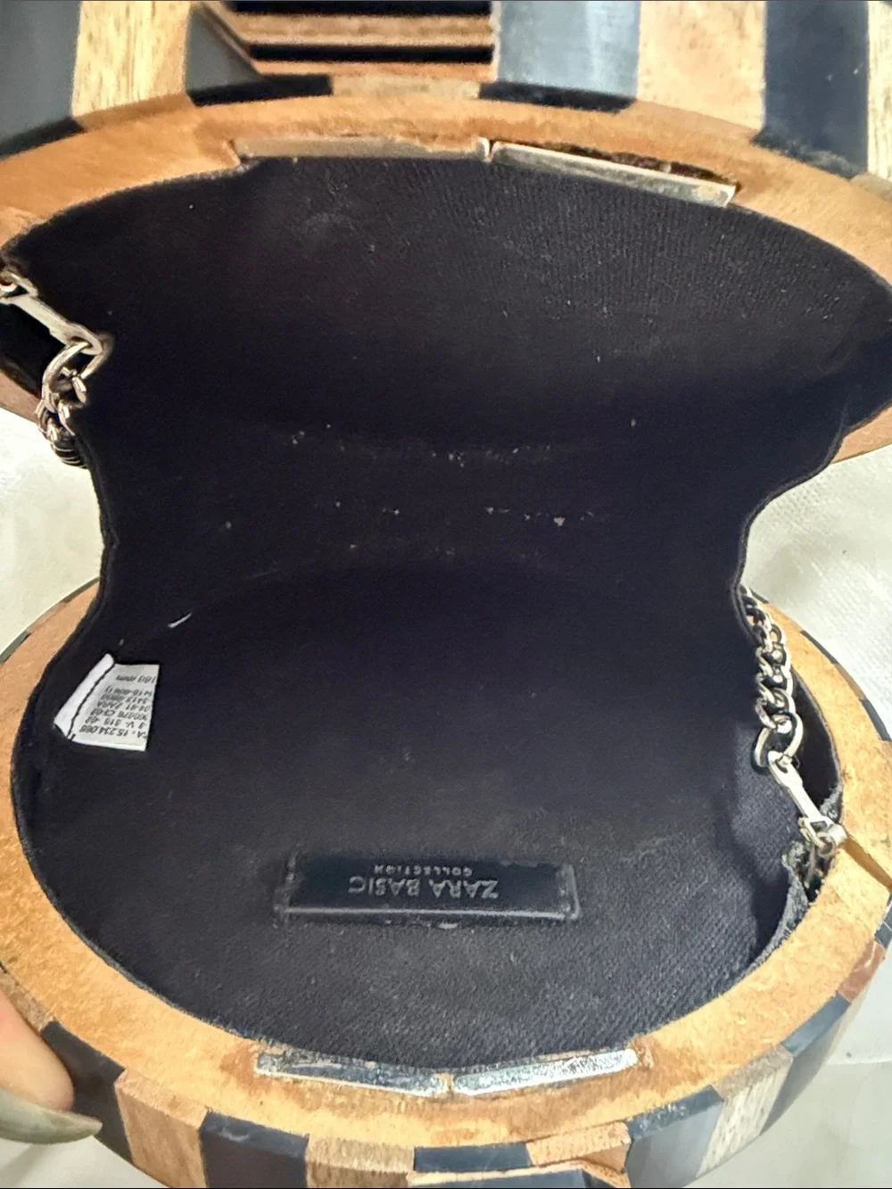 ZARA Black, White and Wood Round Geometric Crossbody Bag